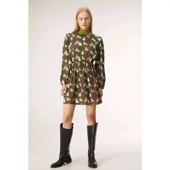 NWT Compania Fantastica Sheep Dog Print Green Smock Dress Size Small - Picture 1 of 11